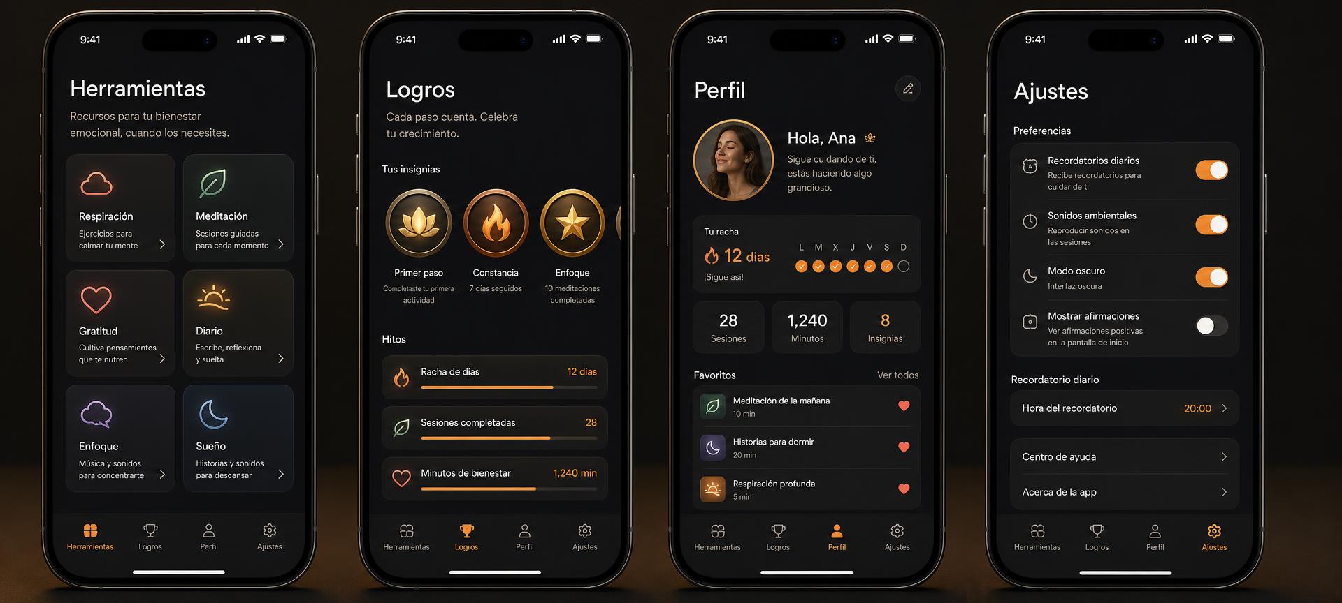 Pantallas de la app: herramientas, logros, perfil y ajustes