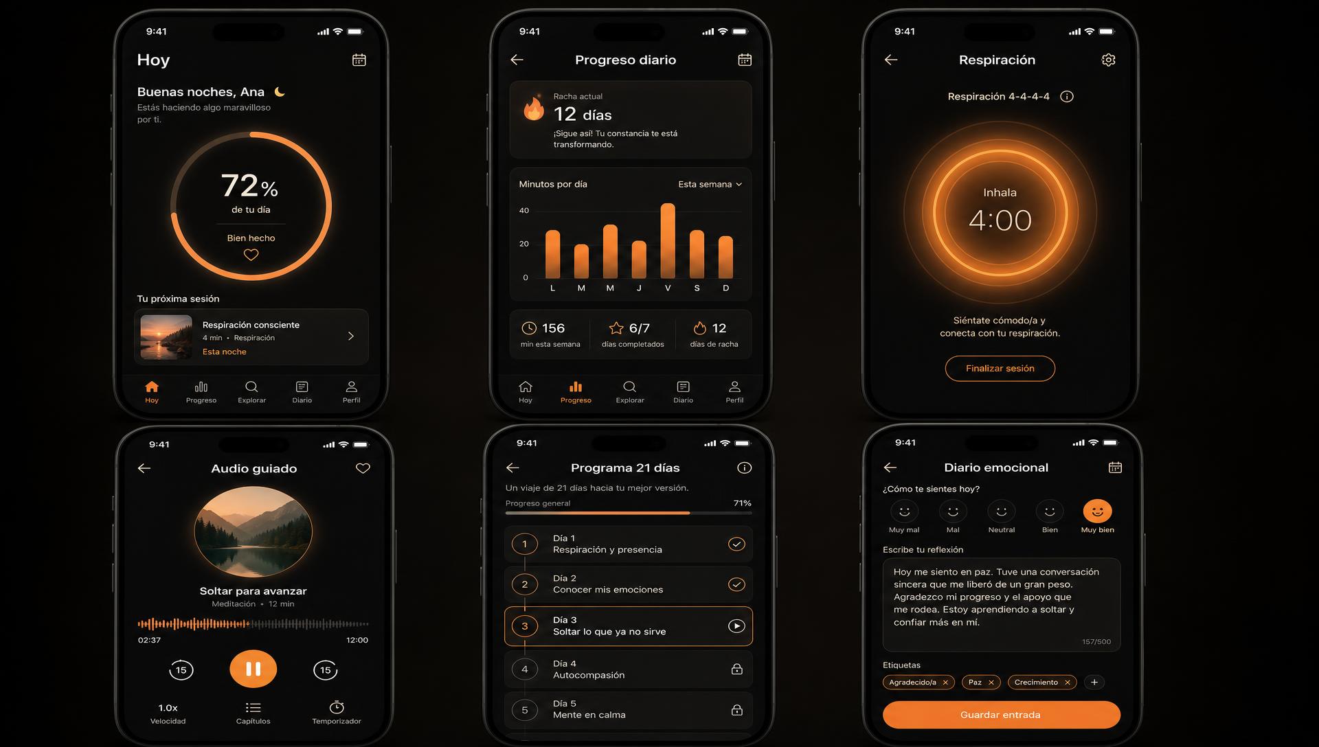 Pantallas de la app: Hoy, progreso diario, respiración, audio guiado, programa de 21 días y diario emocional